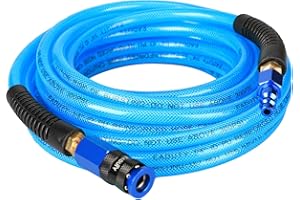 EADUTY Heavy Duty Reinforced Polyurethane Air Hose 1/4 in x 25 ft, Lightweight, Flexible Compressor Hose with Universal Quick Coupler, Plug and Bend Restrictors, Blue