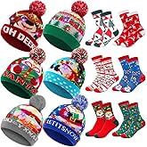 JaGely 12 Pcs Christmas LED Hat Light up Xmas Beanie Knit Cap Christmas Socks Holiday Socks Winter Snow Hat