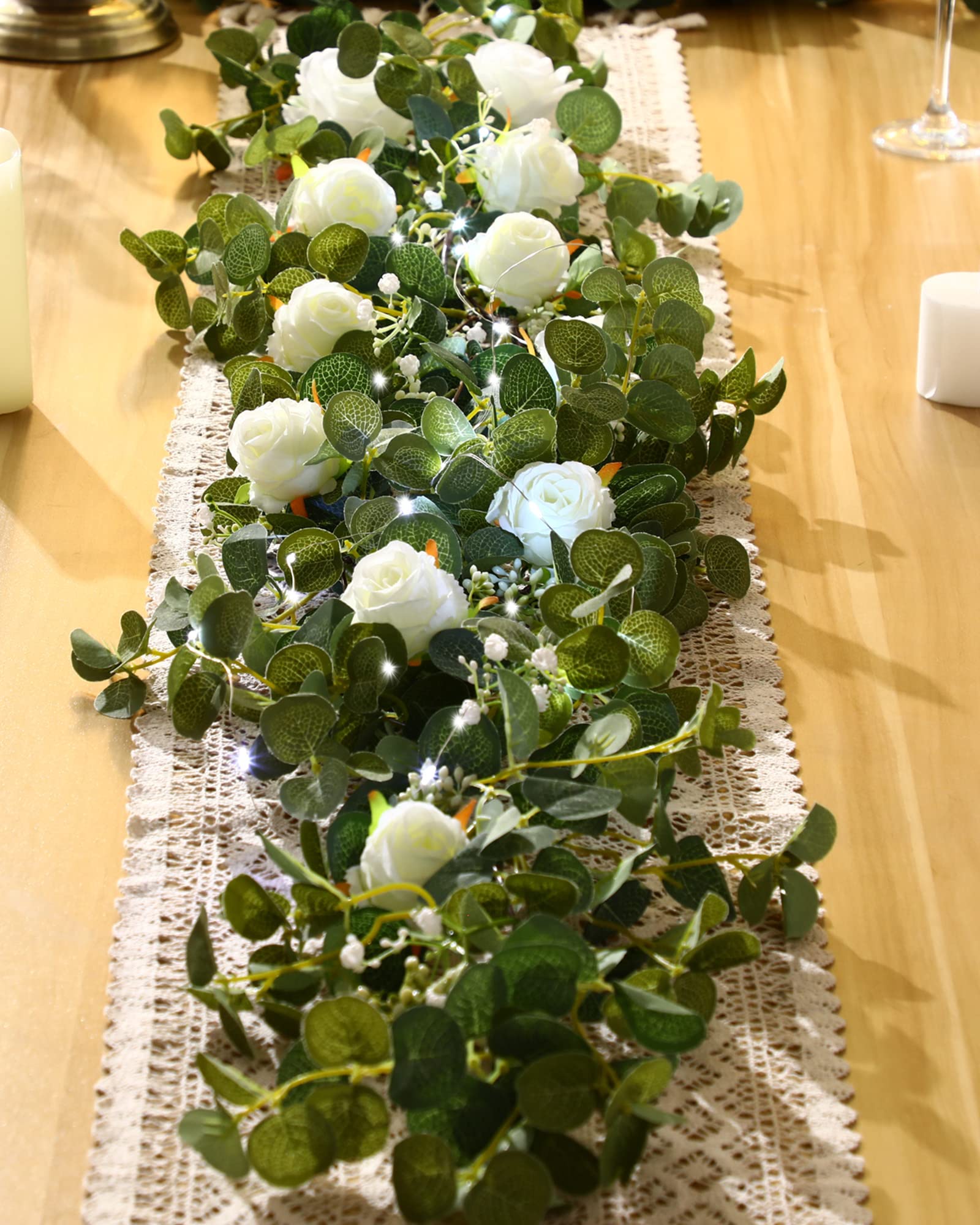 Photo 1 of 2 Pieces 6.5 ft Eucalyptus Garland with 20 LED Light Bar and Rose Flowers Artificial Eucalyptus Flower Vines for Wedding Arch Party Tables Centerpiece Backdrop Party Decor