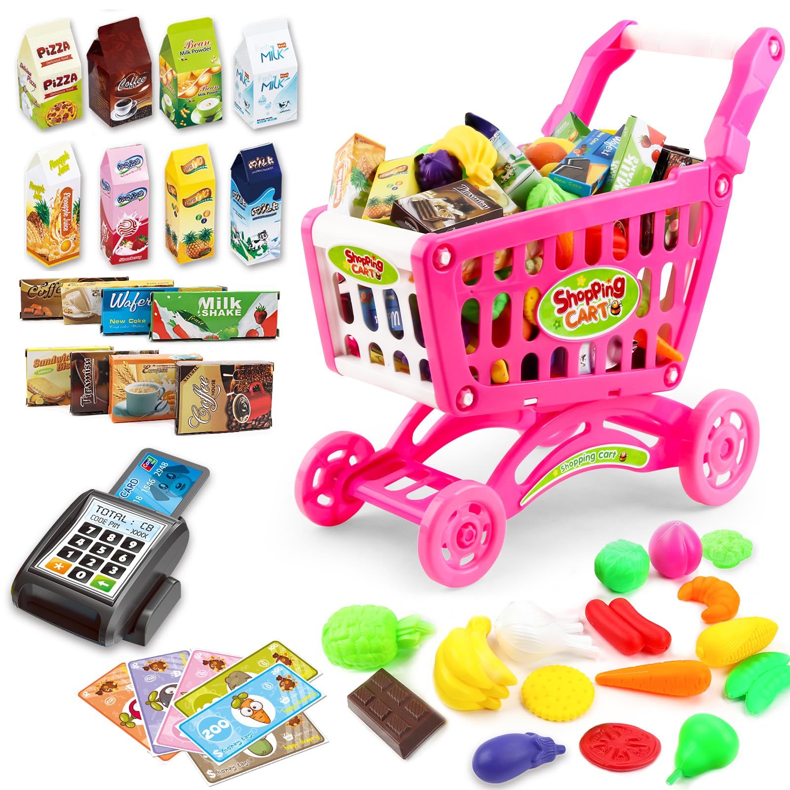 deAO Kids Shopping Cart Trolley Toys, 65 PCS Supermarket Playset Cart with Food Fruit Vegetables, POS Machine and Shopping Cards, Pretend Shop Role Play Educational Toys for Boys and Girls (Pink)