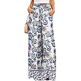 Bsubseach 2026 Womens Beach Wide Leg Pants Summer Floral Elastic Waist Pant Palazzo Dressy Boho Flowy with Pockets