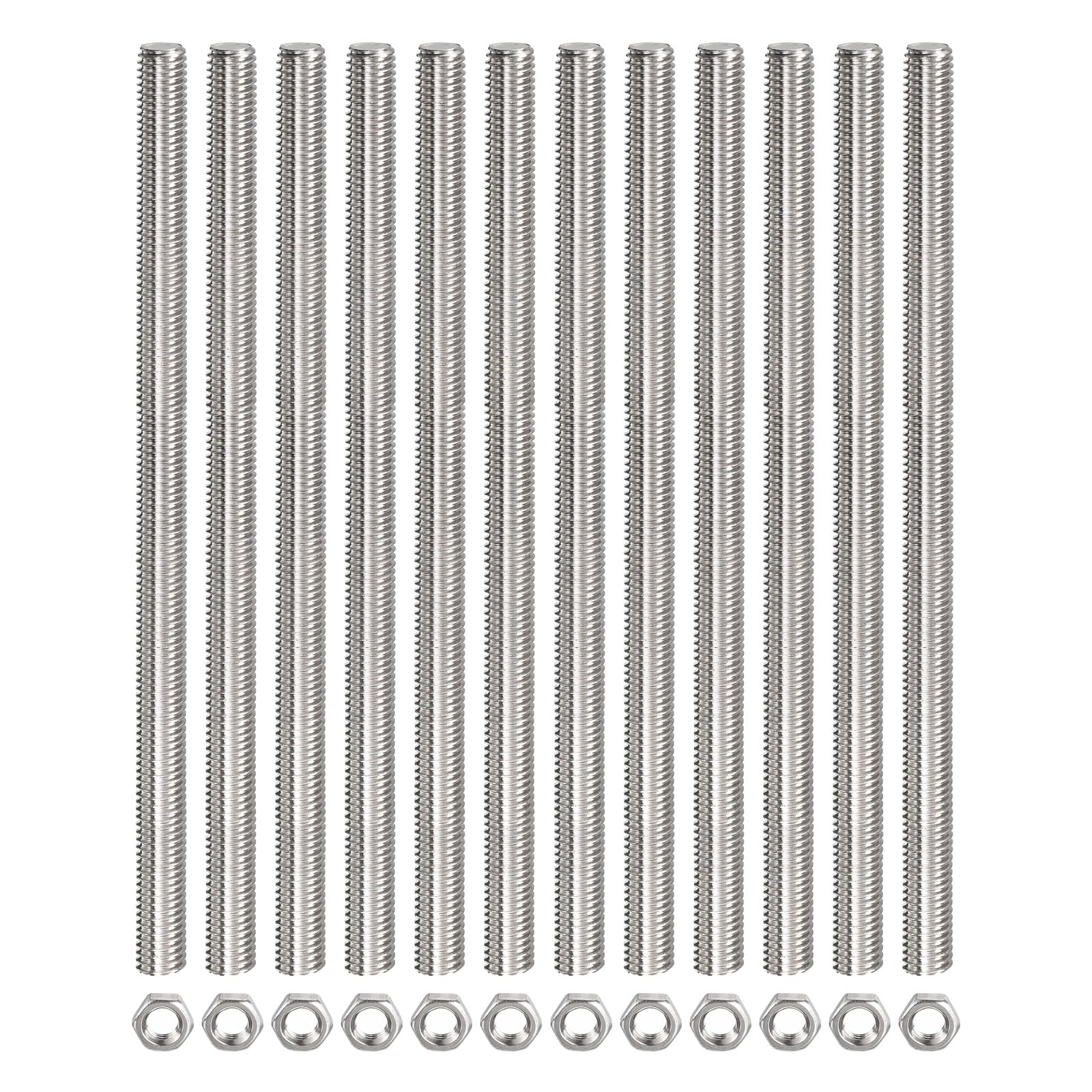 Rebower Fully Threaded Rod (with 12 Pcs Hex Nuts),Stainless Steel Fully Threads Studs[for Assembly Fastening] - M8 x 250mm,1.25mm Pitch/ Silver/ 12 Pcs