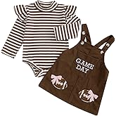 Newborn Infant Baby Girl Game Day Football Outfit Long Sleeve Striped Onesie with Corduroy Suspender Skirt Set