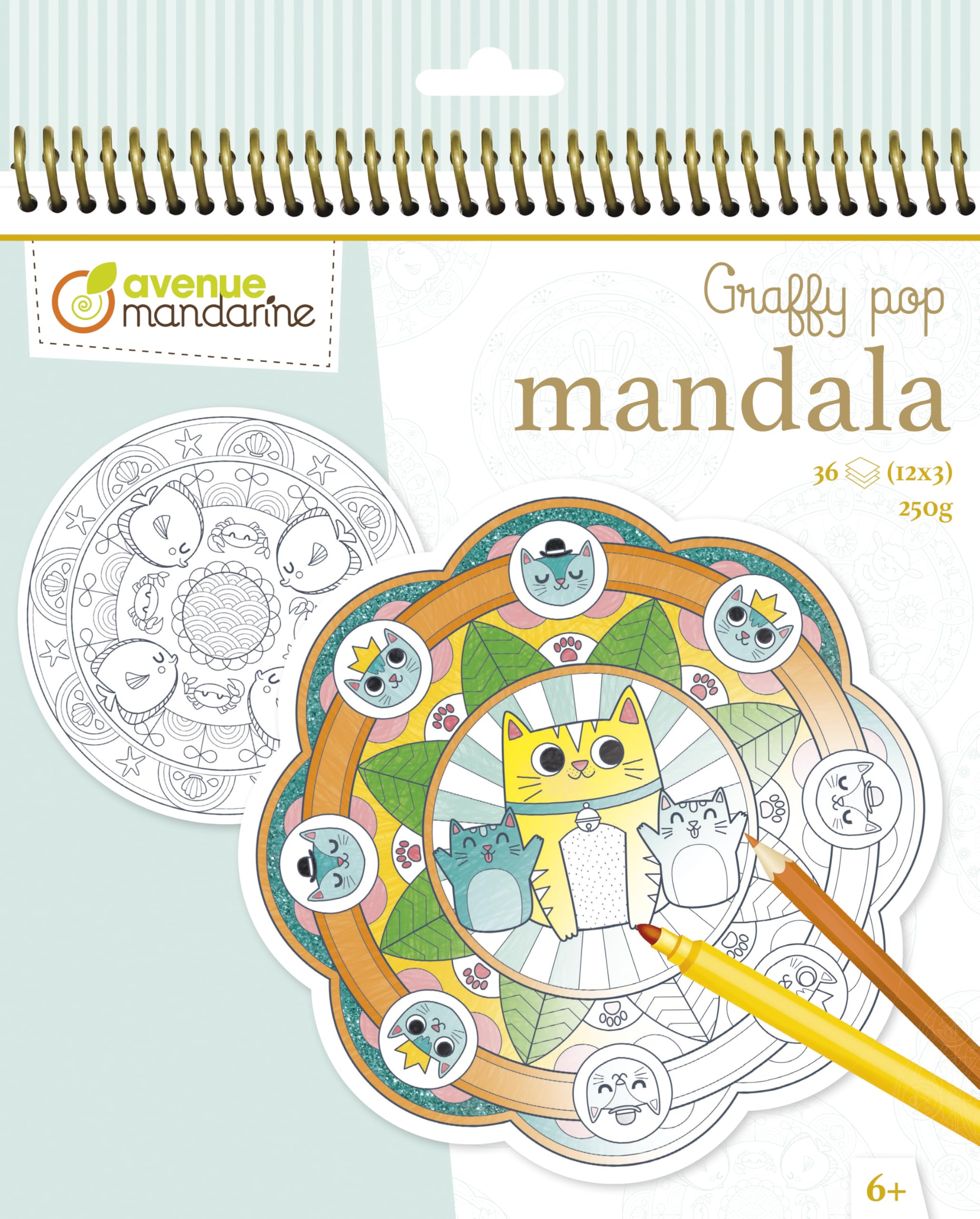 Avenue Mandarine - Ref GY030O - Graffy Pop Mandala Colouring Book - Animal Designs - Easy-to-Detach Pre-Cut Shapes, 250gsm Drawing Paper, 36 Sheets, 12 Designs, Suitable for Ages 6+
