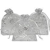 Ankirol 100pcs Sheer Organza Favor Bags For Wedding Baby Shower Rattan Print Gift Bags Samples Display Drawstring Pouches (5x7, silver)