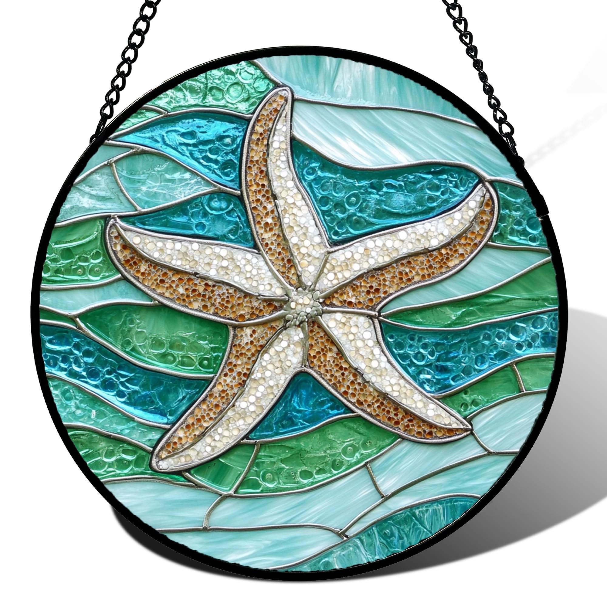 DASTOLL Stained Glass Window Hanging Teal Sea Waves Starfish Large 11.8" - Suncatcher Door Garden Sun Catcher Home Decor Birthday Mother's Day for Mom Men Woman Parents Her Child Nana Image