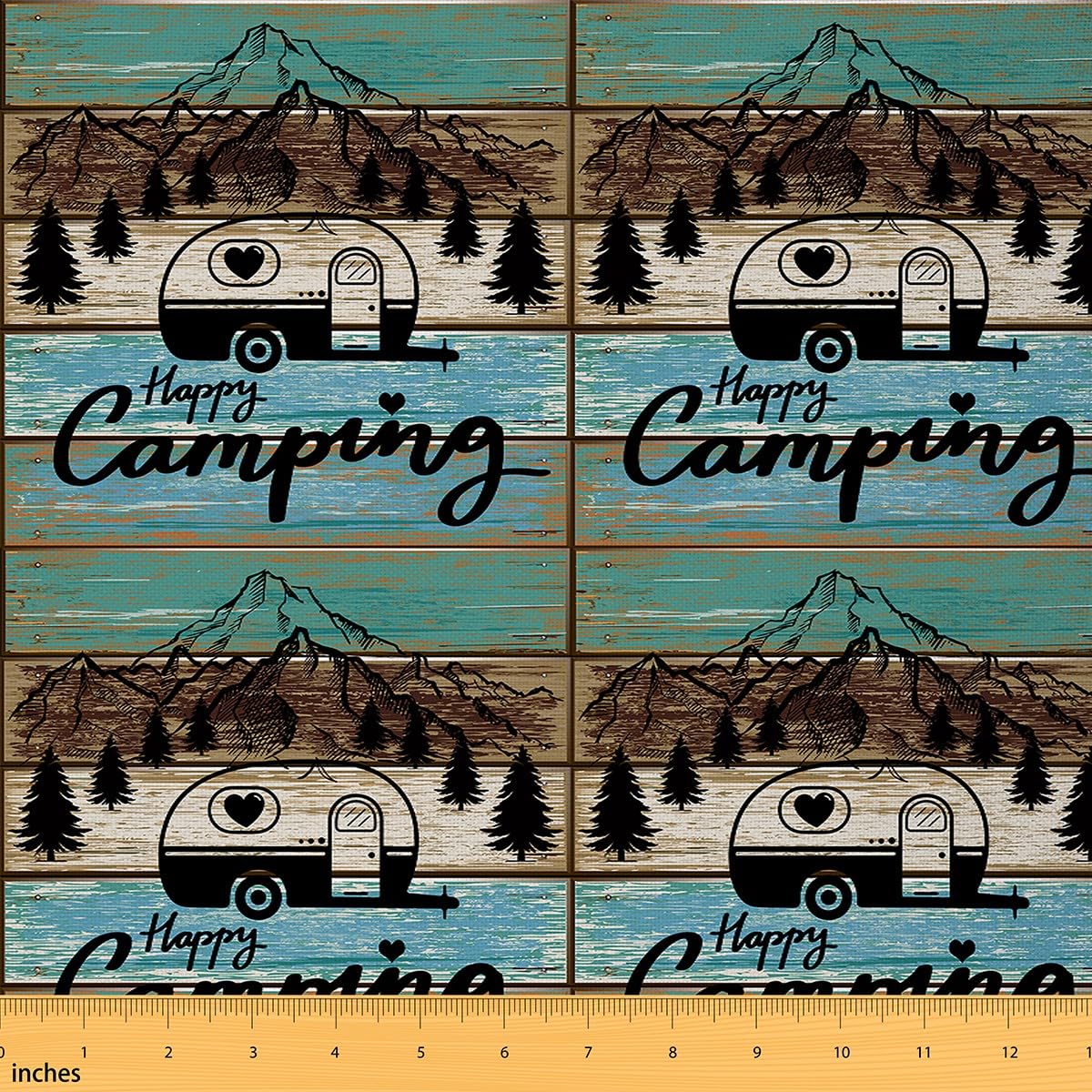 Camper Fabric by The Yard Happy Camping Upholstery Fabric for Chairs RV Camping Vintage Wood Plank Waterproof Outdoor Fabric 2 Yards (L184*W150cm)