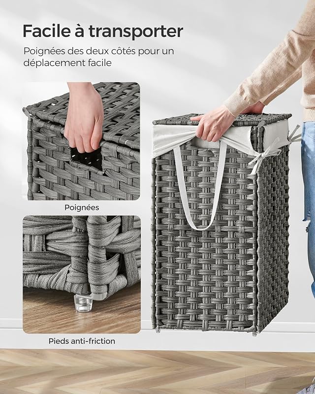 Panier à linge 90 litres, en rotin synthétique, avec couvercle