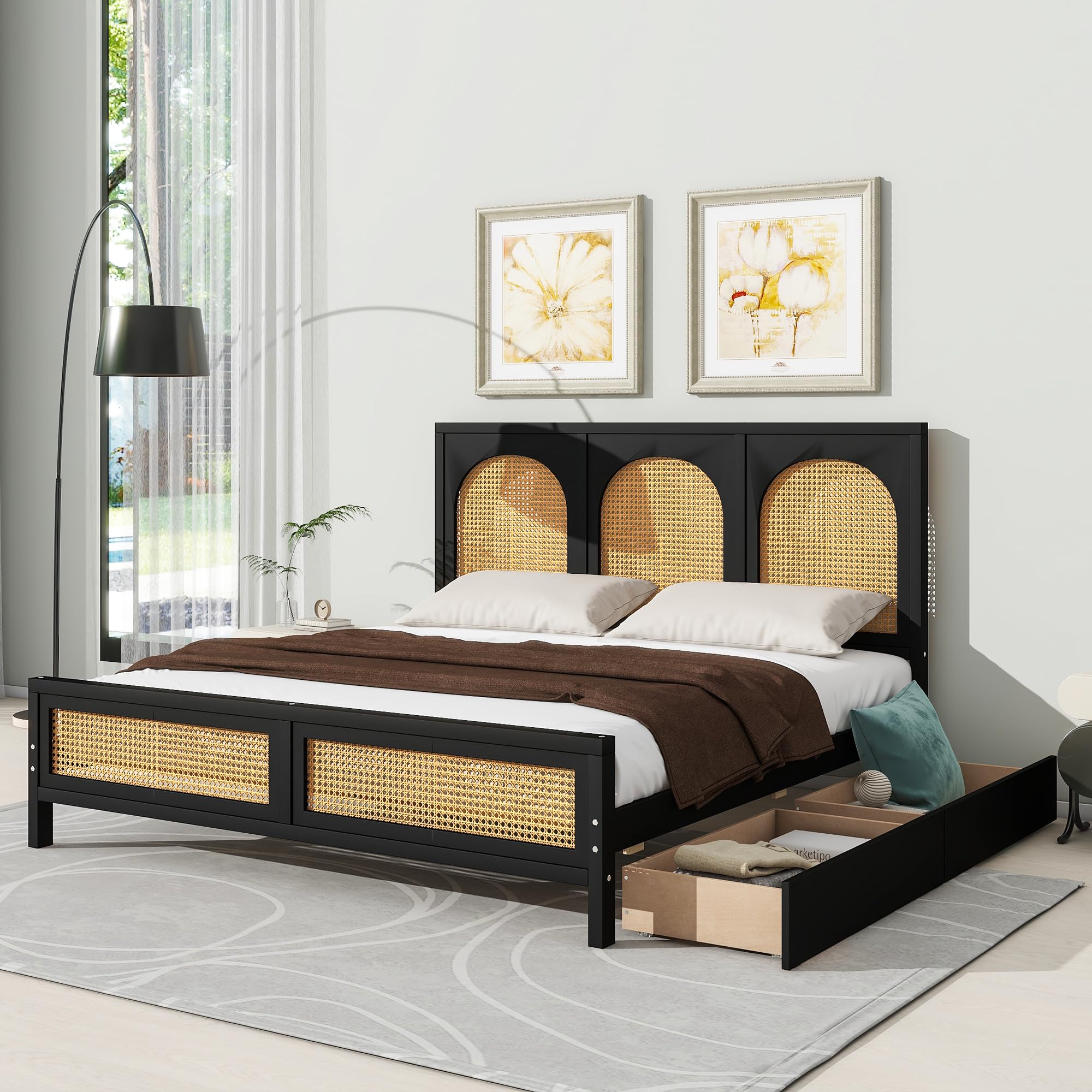 Merax Queen Size Bed Frame with 2 Storage Drawers, Boho Platform Bed ...