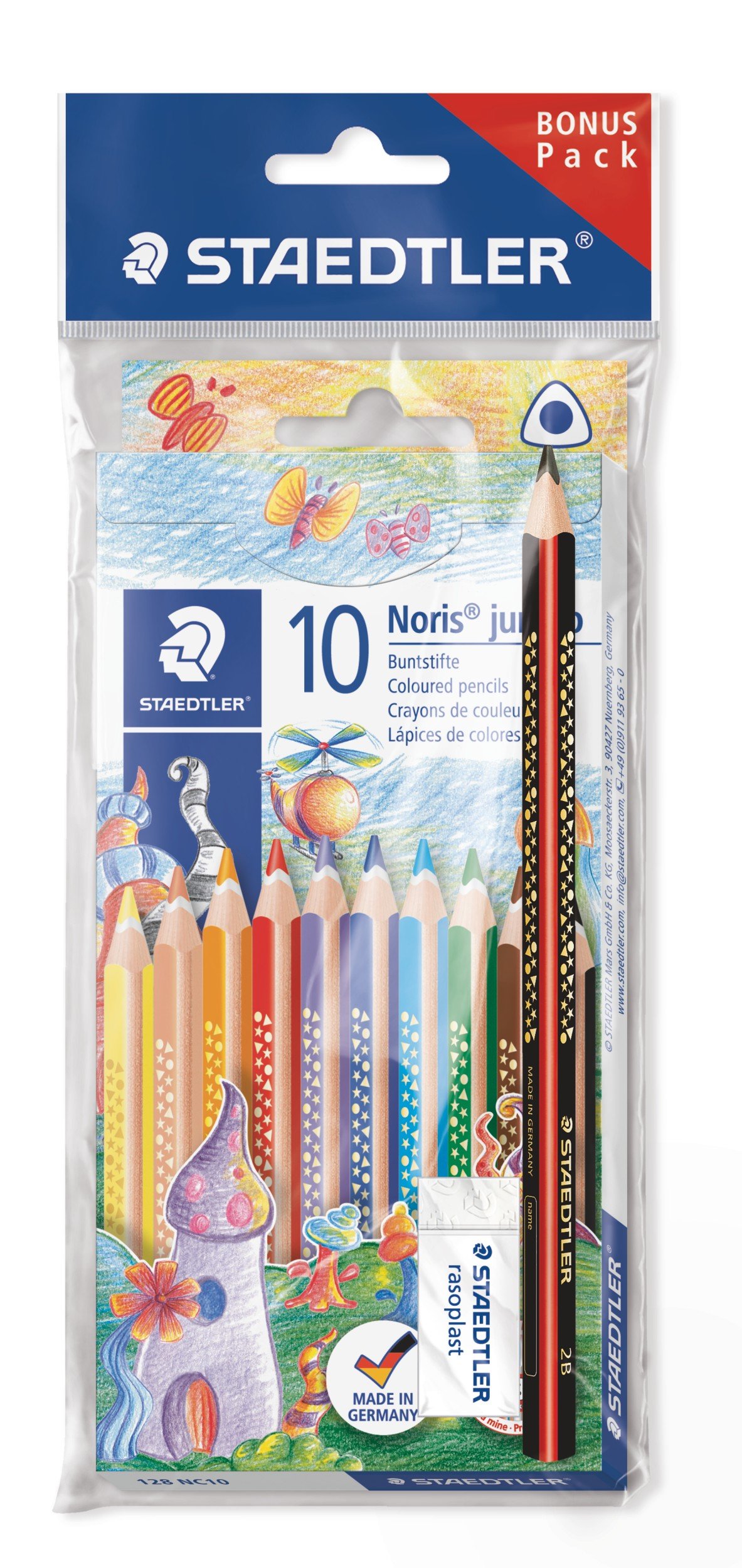 Staedtler Jumbo Crayons Noris Club, increased breaking strength, triangular shape, ABS system, child-friendly according to DIN EN71, set of 10 brilliant colors, eraser and pencil, 61 SET7.