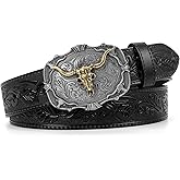 SANSTHS Cowboy Belts for Men Women Western Buckle Belt Cowboy Cowgirl Embossed Leather Belt for Jeans Christmas Gifts Belt