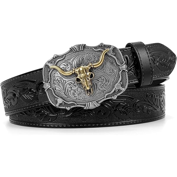 9656 Women\'s 2 Piece Pu Leather Cowboy Belts Western Bull Head Buckle Western Leather Buckle Belt for Men Women Floral Engraved  main image 3