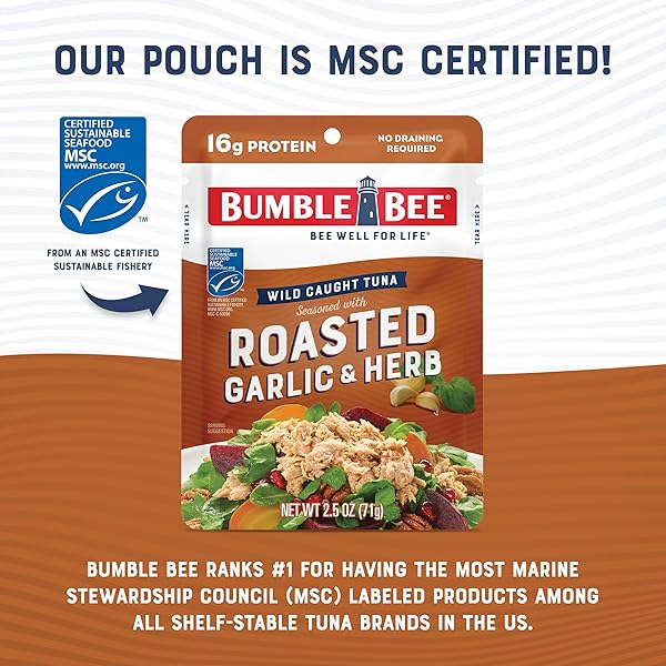 BUMBLE BEE ROASTED GARLIC & HERB SEASONED TUNA, 2.5 OZ POUCH – READY TO EAT – WILD CAUGHT TUNA PACKET – 16G PROTEIN PER SERVING – GLUTEN FREE