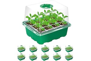 Bonviee 10 Packs Seed Starter Tray with Elevated Lid, 120 Cells Thicken Seed Starting Trays Kit with Adjustable Humidity Vent, Clear Cell Tray and Heightened Lids for Greenhouse & Gardens, Green