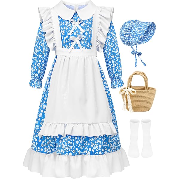 Pioneer Girl Costume - Colonial Prairie Dress With Apron & Socks, Kids Pilgrim Outfit For Play Or History Theme - View #4