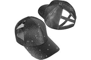 BROMZ Girls Glitter Baseball Cap Criss Cross Ponytail Hat Adjustable High Messy Bun Ponycap Kids Trucker Hat