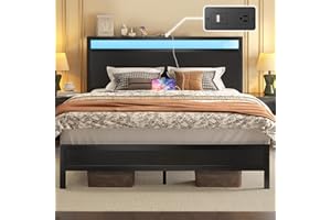Fluest Queen Bed Frame with Headboard & Footboard, Bed Frame with Built-in Charging Station & LED Light, Storage Shelf, Noise-Free, No Box Spring Needed, Easy Assembly, Classic Black
