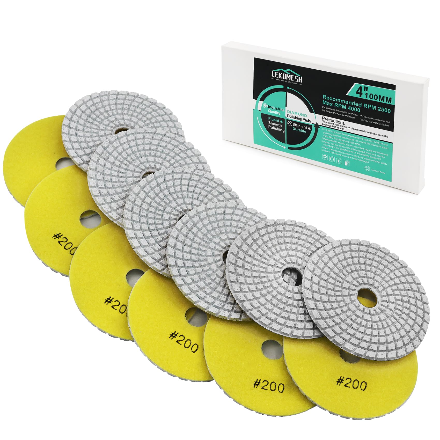 Diamond Wet Polishing Pad LEKOMESH - 6pcs 4 Inch(100MM) Wet Polishing Wheel Set for Granite Marble Artificial Stone Quartz,#50-#3000 Polishing Pad for Grinder or Polisher
