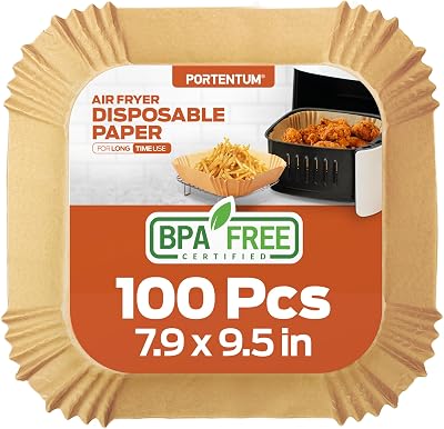 PORTENTUM 100PCS Air Fryer Liners 5-8L Unbleached Food-Grade Paper