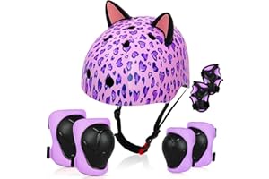 FIODAY Kids Helmet, Bike Helmets for Kids 8-14 with Knee Pads and Elbow Pads Wrist Guards, Adjustable Youth Girls Bike Helmet with DIY Cat Ears Skateboard Helmet for Scooter Skating Cycling