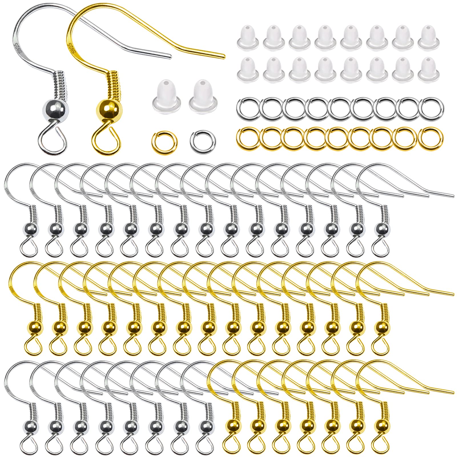 TOAOB 300pcs Earring Hooks Silver Plated Kit Silver and Gold Ear Wires Fish Hooks with Safety Backs and Jump Rings for DIY Jewellery Making and Repair