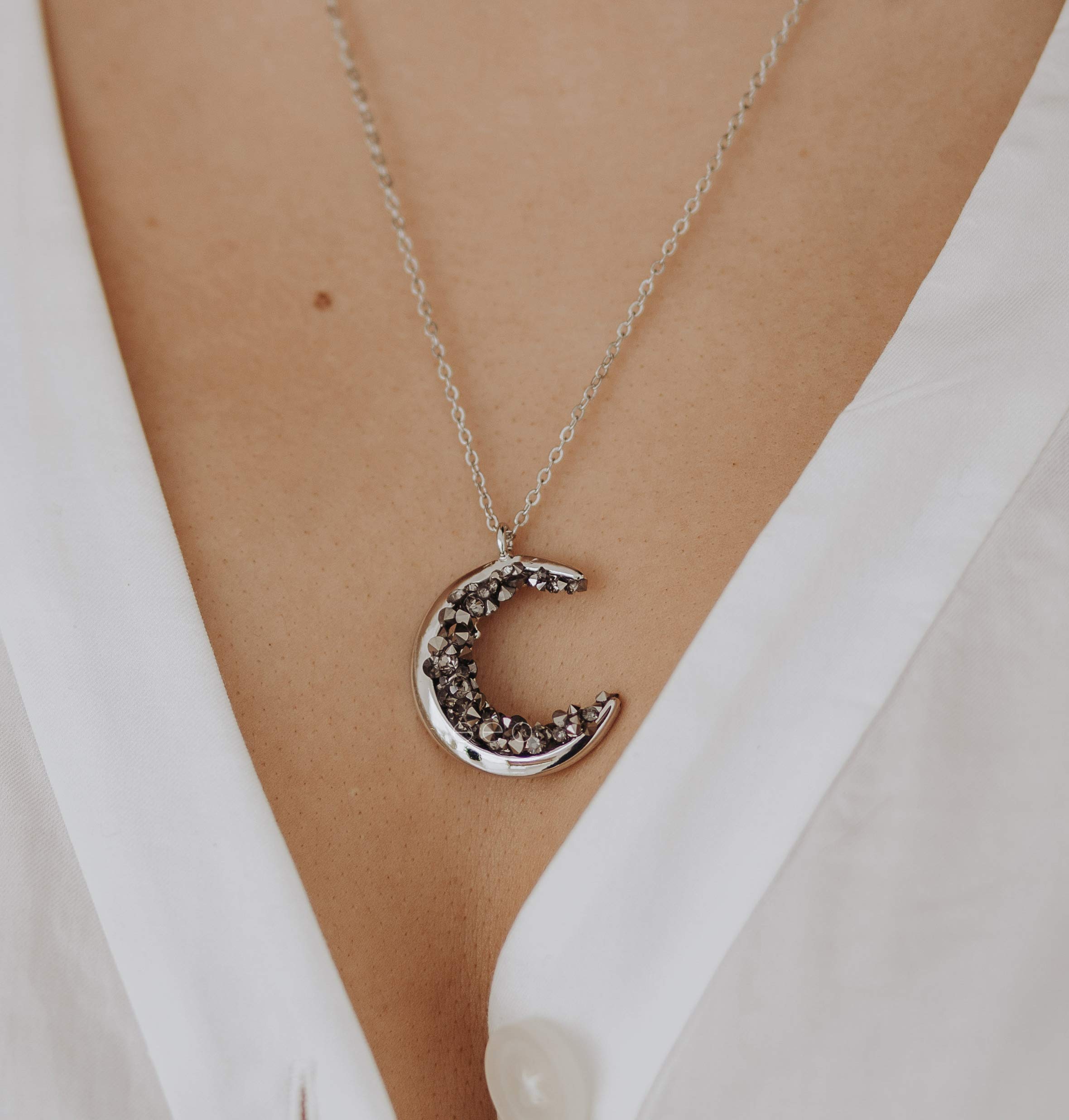 Silver Crescent Moon With Black Crystals Statement Necklace Graduation Gift Healing Crystal Jewelry For Women Anniversary Gift for Her