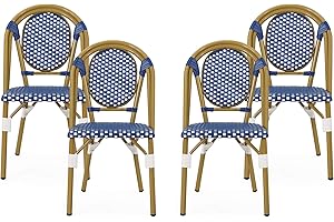 Christopher Knight Home Gwendolyn Outdoor French Bistro Chairs (Set of 4), Blue + White + Bamboo Print Finish