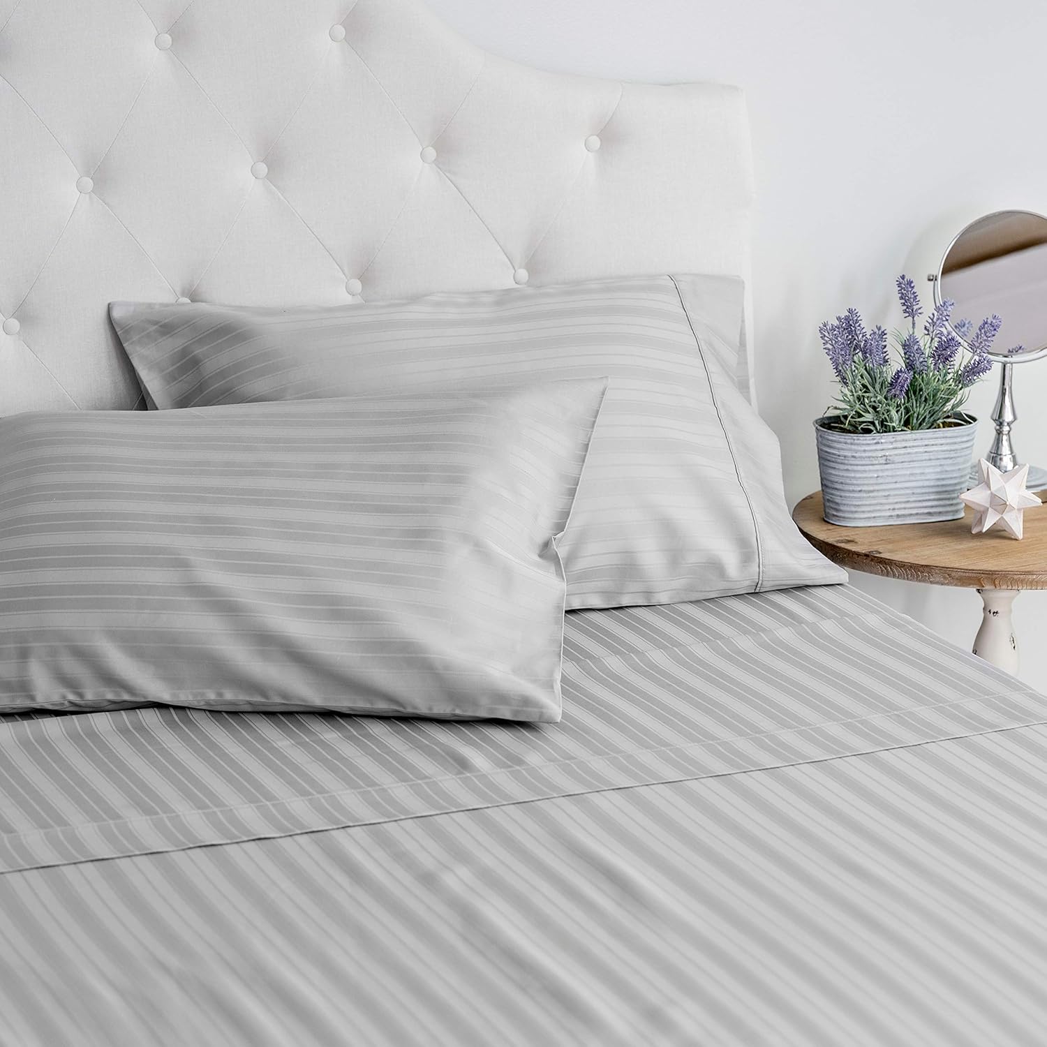 Welhome King Size 100% Cotton Striped Sateen Sheet - Set of 4 - Breathable - Soft - Deep Pocket - Easy Fit - Storm Cloud