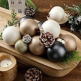 Suilung 12 Pcs Neutral Textured Christmas Ball Ornaments Set 2.4 Inch Rustic Brown White Black Xmas Baubles Shatterproof Antique Farmhouse Modern Christmas Decor for Tree Holiday Indoor Home Decor