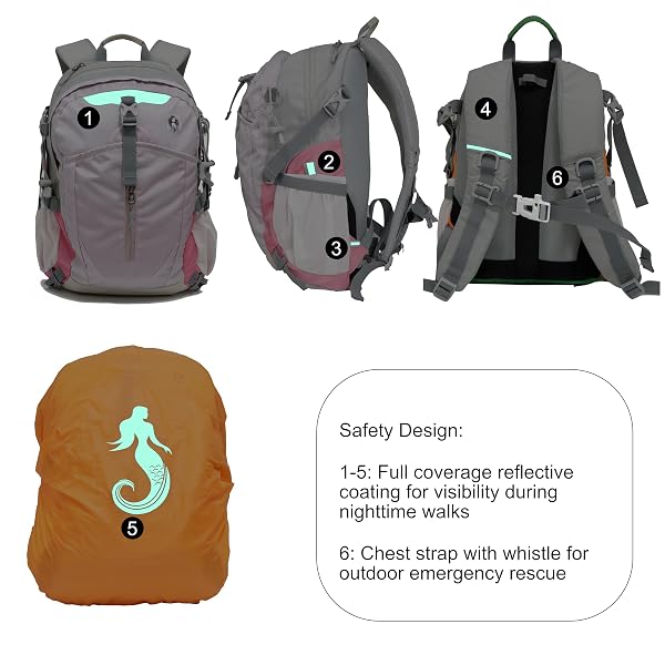 WGOOURS KIDS 18L EARLY SCHOOL AGE HIKING WATERPROOF OUTDOOR CAMPING TRAVEL BACKPACK, BREATHABLE PANEL & PICNIC MAT (MERMAID)
