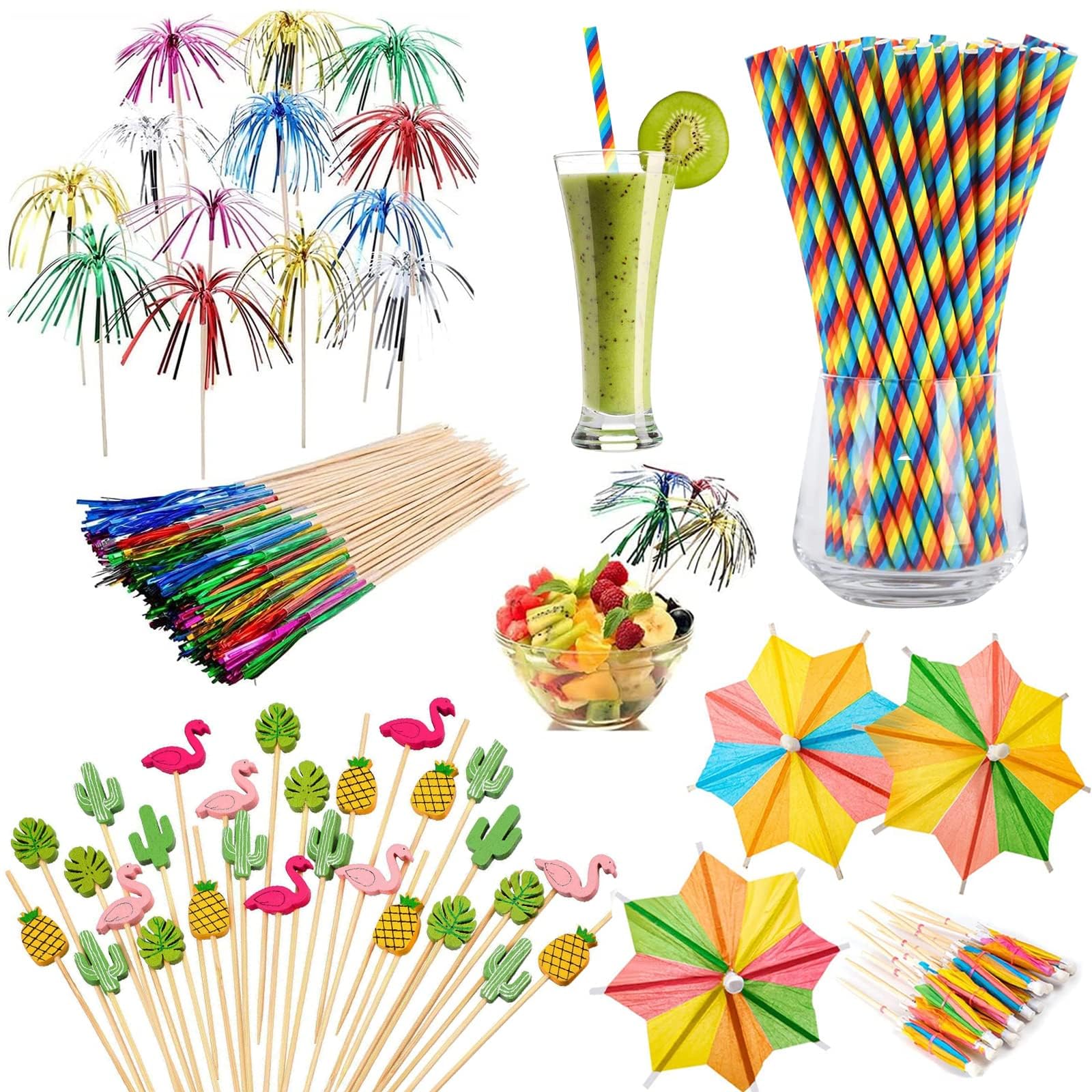 Catelves Pack of 140 Cocktail Decorations, Cocktail Accessories Decoration, Cocktail Umbrellas, Cocktail Accessories, Cocktail Decoration, Umbrella, Cocktail Decoration Straws, Decorative Umbrellas