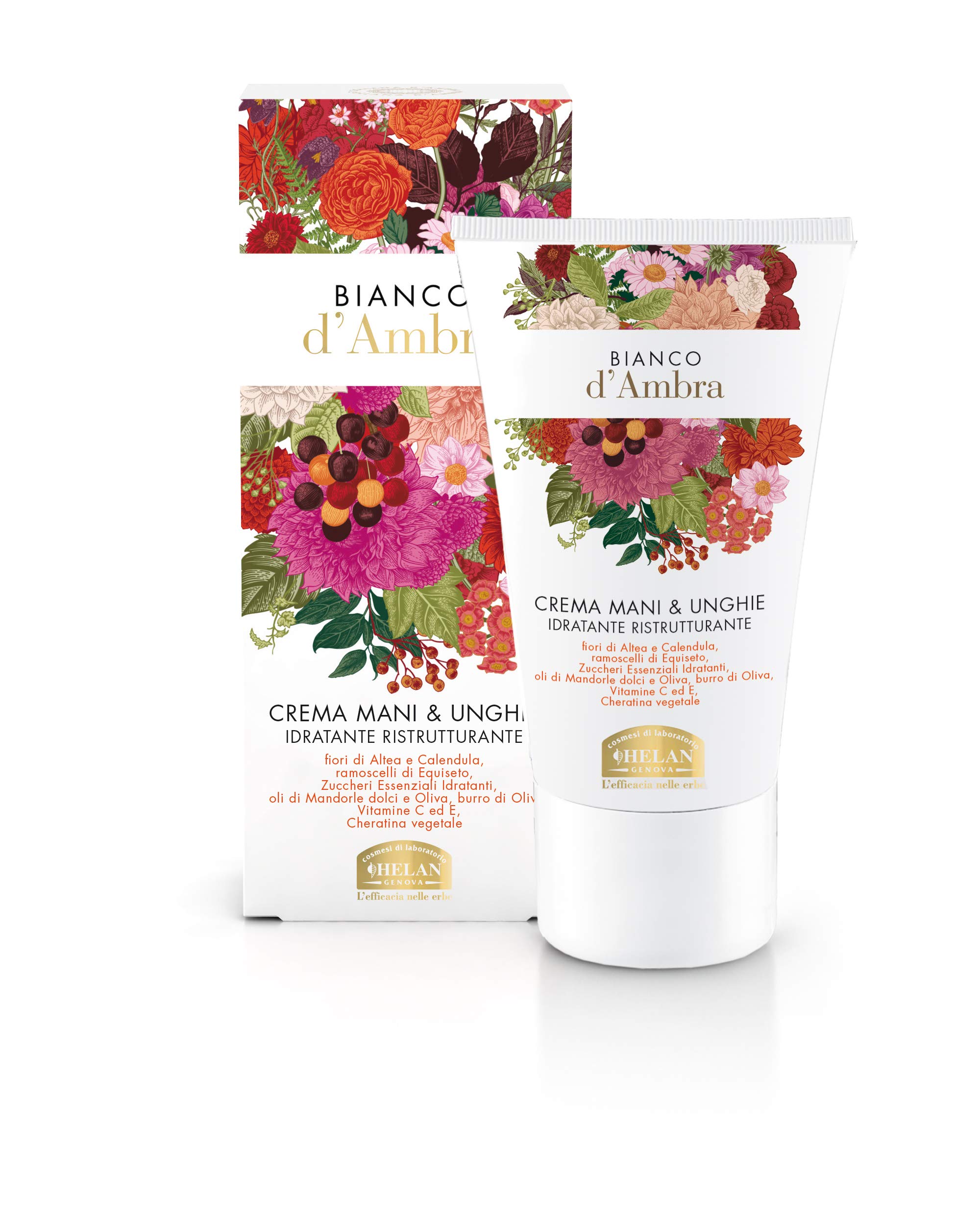 Helan, Bianco d'Ambra, Hand and Nail Cream, Nourishing Hand and Nail Moisturizer with Sweet Almond and Olive Oil - Dry and Chapped Hand Cream and Nail Strengthener, 50 ml - Made in Italy