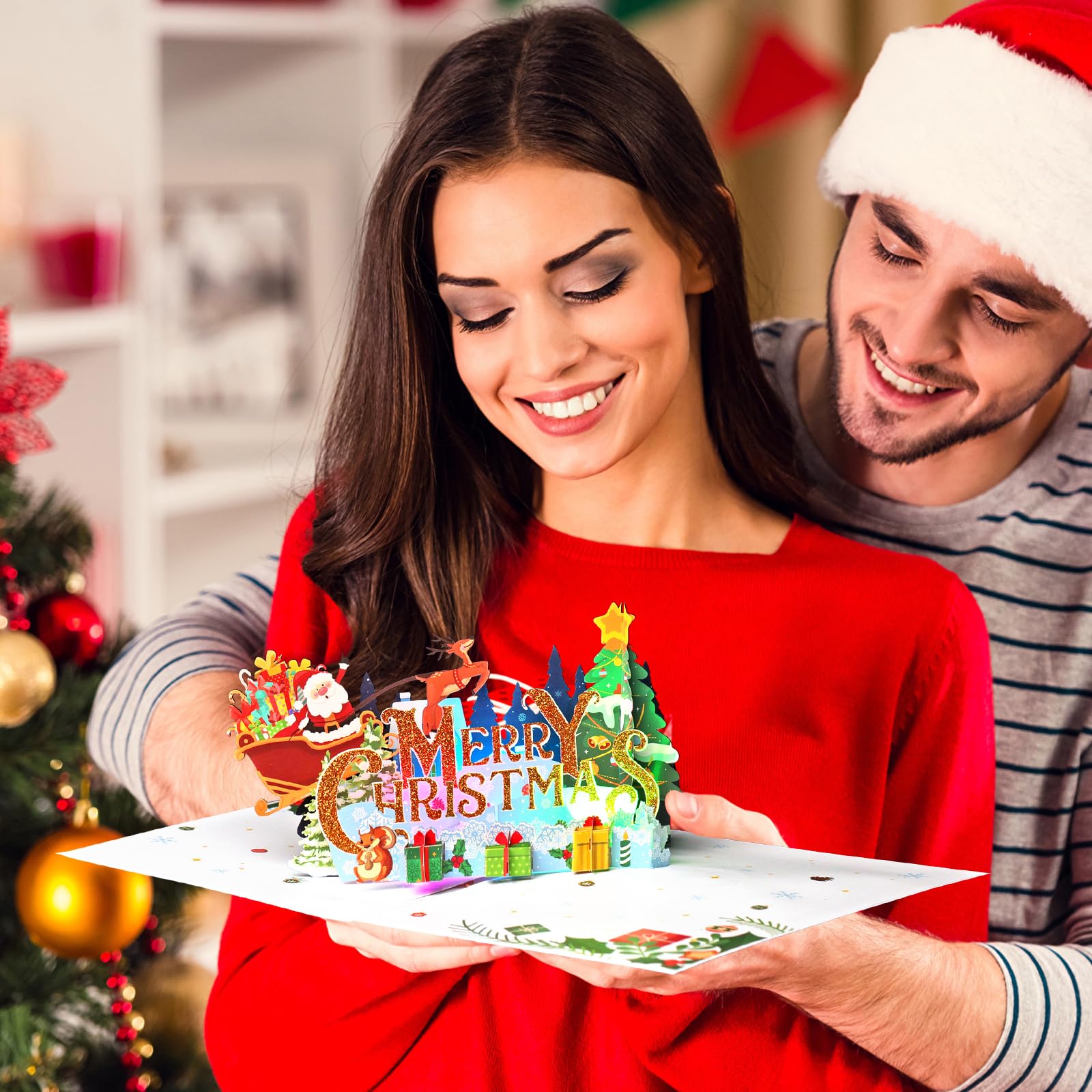 Yinqing Merry Christmas Cards, Light and Music Christmas Card, 3D Pop Up Xmas Greeting Card for Women Men Kids Husband Wife Mom Dad Daughter