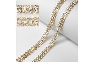 Hellodiy 2 Rows 4 Yards Rhinestone Trim Close Chain for Crafts, Rhinestone Strips Ribbon, DIY Decoration (Gold)
