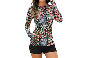 WOWENY Rash Guard Long Sleeve Swimsuits UPF 50+ Sun Protection 2 Piece Swim Shirt Set Bathing Suit with Swim Shorts