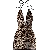 SHENHE Women's Sparkly Sequin Halter Dress Leopard Print Deep V Backless Sexy Bodycon Party Dress