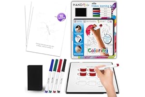 HandMoto Preschool Learning Activities Drawing Board - Dry Erase Board for Kids - Educational Toys for 3+ Year Old - Handheld Tracing Board with 10 Coloring Sheets, 1 Eraser & 4 Markers