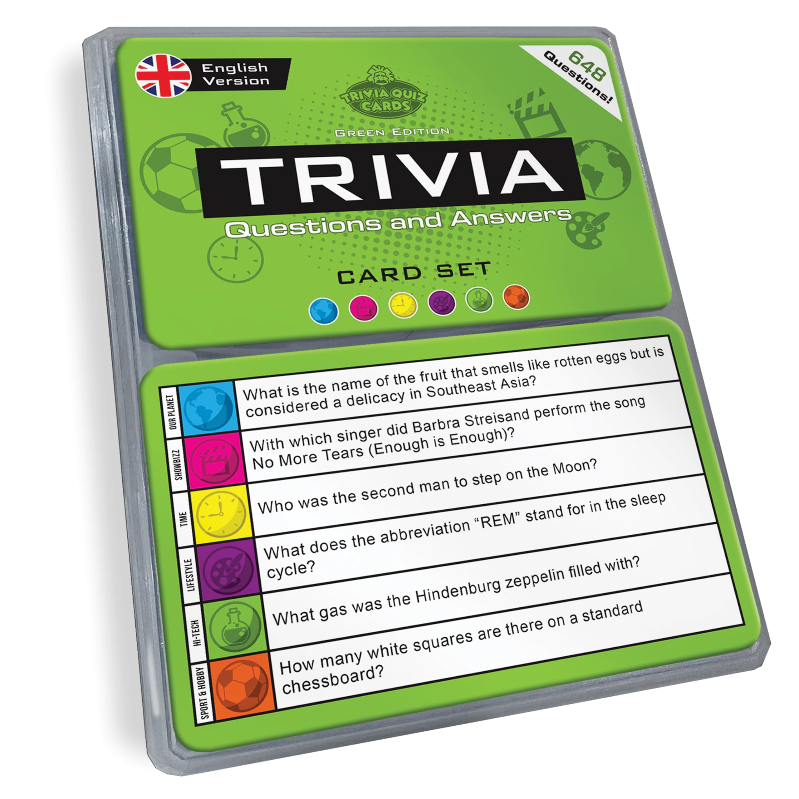 Trivia Quiz Cards Set (English Edition) | 648 Unique Question Cards from 6 Categories in a Travel Box | Pub Games for Adults, & Fun Party Game for Friends & Families (Green Edition)