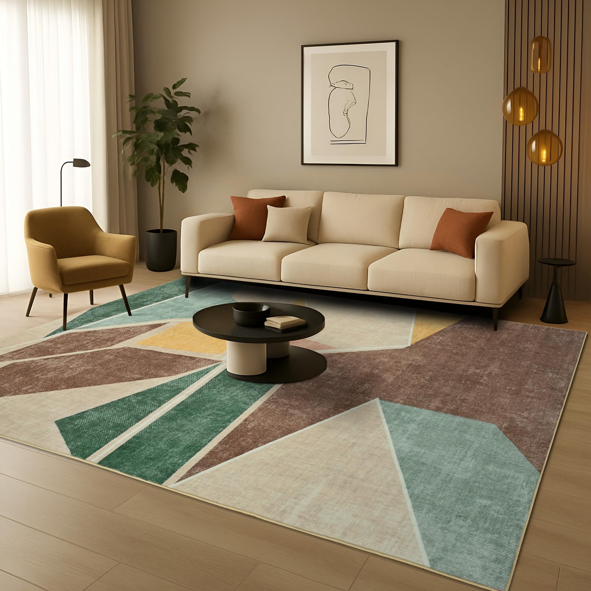Photo 1 of RUGICI Modern Geometric Area Rug 5x7, Washable Area Rugs for Living Room,Non-Slip -Shedding Contemporary Rugs,Indoor Balcony Carpet for Bedroom Dining Light Brown 5x7