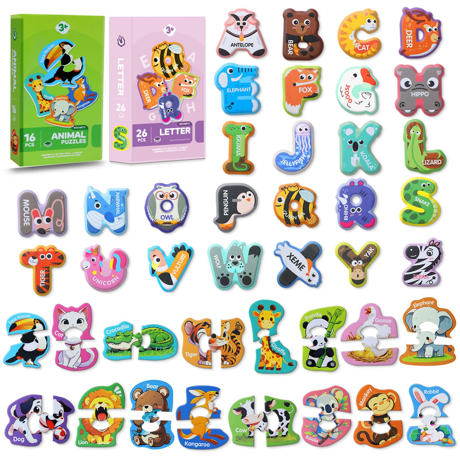Magnetic Numbers,Large Size Fridge Magnets for Kids,Animal Magnets for Refrigerator,Educational Toys Fridge Magnet and Maths for Baby Toddler Preschool(Uppercase Letter+Puzzle Animals)