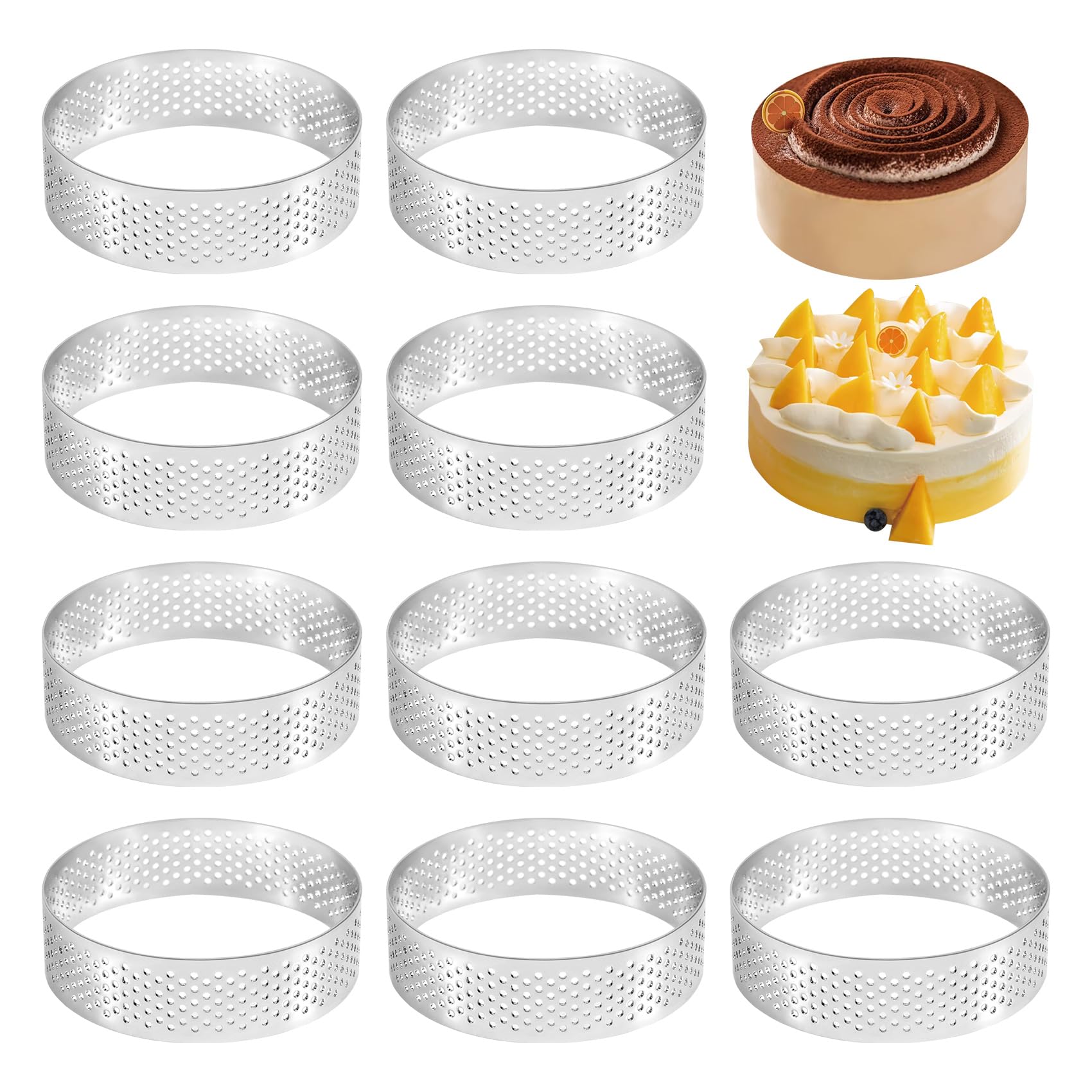 Himrsbuy 10Pcs Circular Tart Rings with Holes Stainless Steel Fruit Pie Quiches Cake Mousse Mold Kitchen Baking Mould 7cm