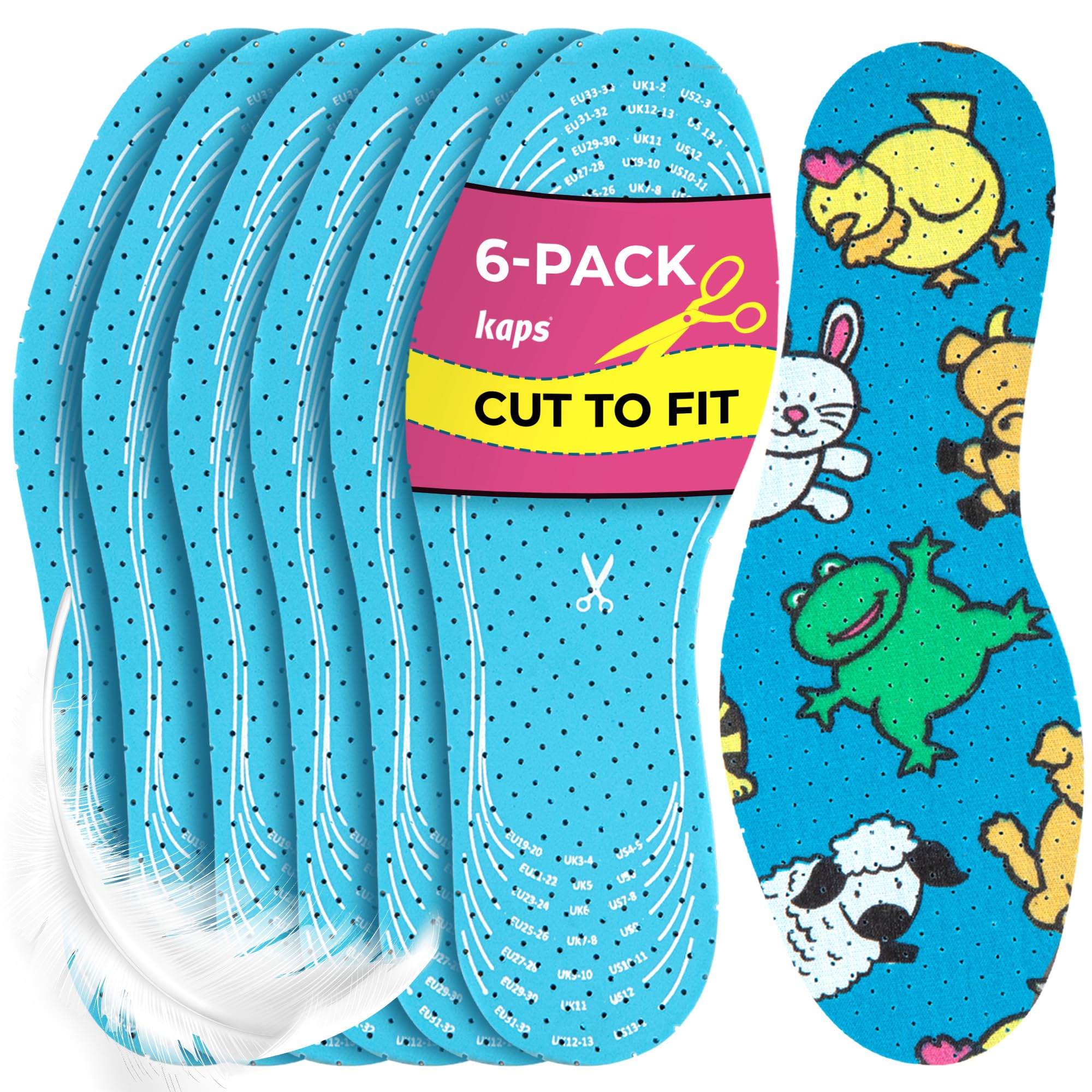 Kids Insoles 6 Pair - Cut to Fit Shoe Inserts for Toddlers & Children, Soft Cushioned Breathable Insoles for Boys & Girls, Ideal for Between Sizes - Kaps Offspring