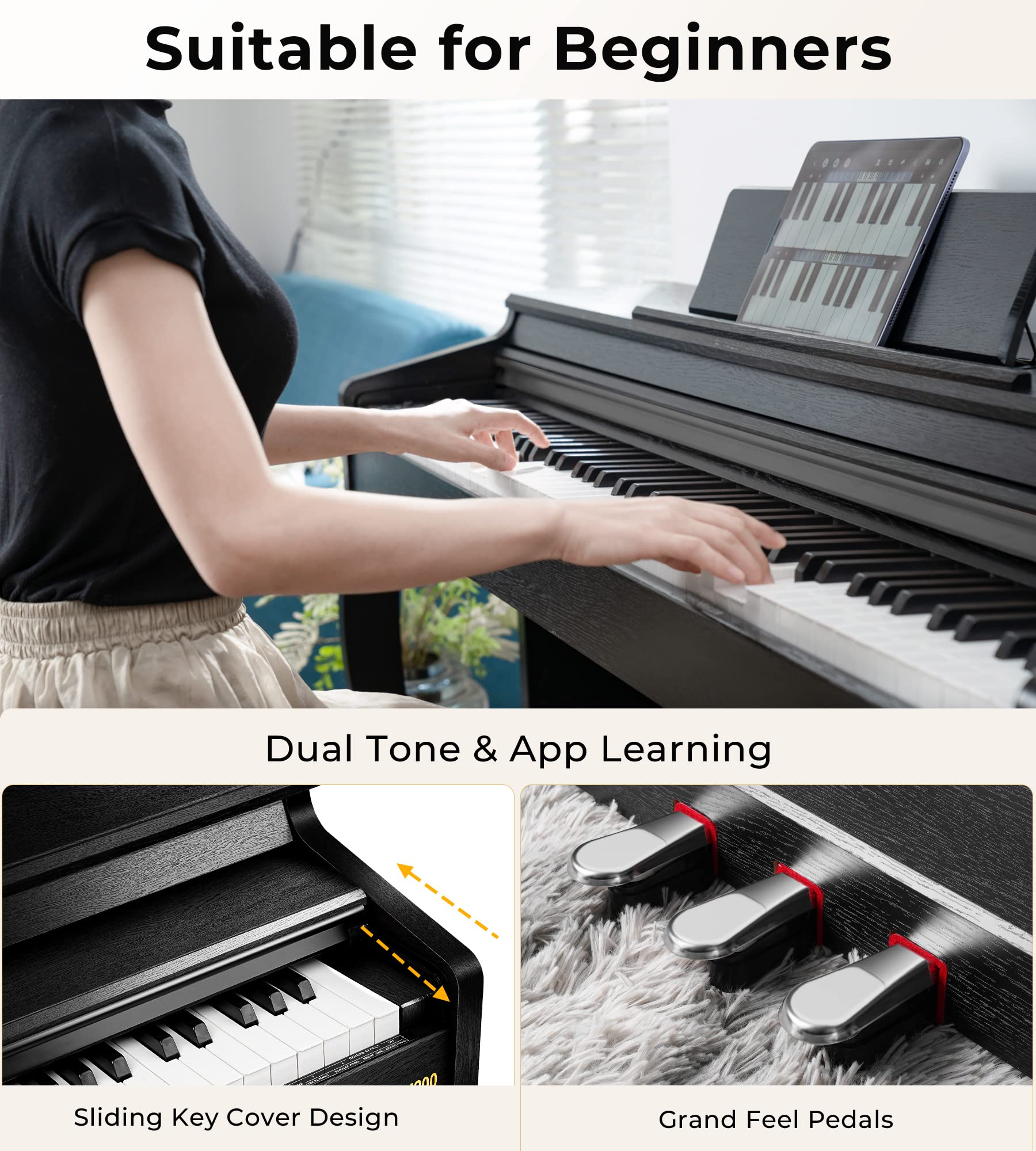 Digital Piano, 88 Keys Weighted Hammer Action Home Digital Piano Full Size Bundle with Slide Key Cover, Furniture Stand, Power Adapter, Triple Pedals, Black, by Vangoa