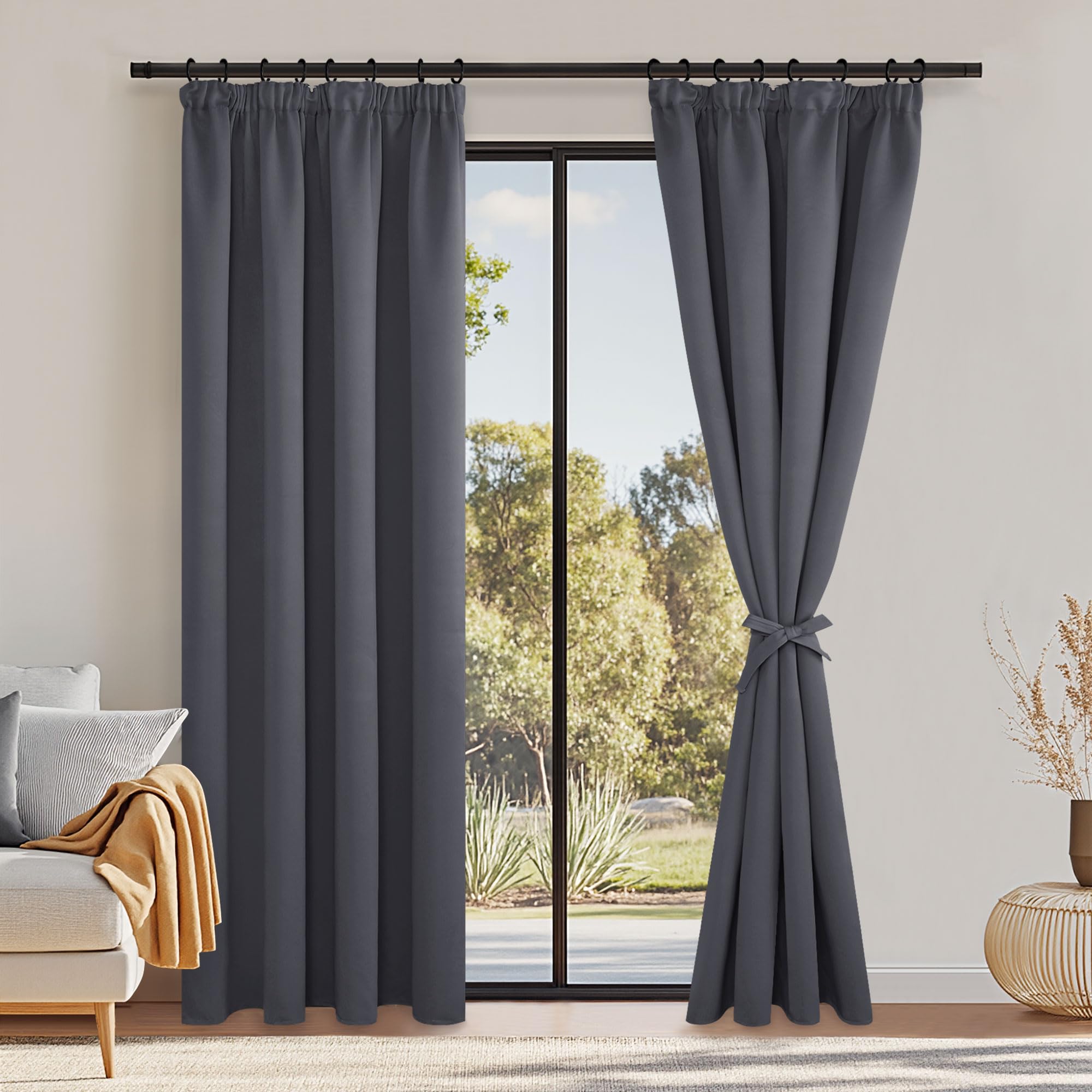 DWCN Dark Grey Curtains Blackout Curtains for Bedroom 96 Inch Drop Thermal Insulated Curtain Pencil Pleat Window Curtain for Living Room with Tiebacks 55 x 96 inch Length, Dark Grey, 2 Panels