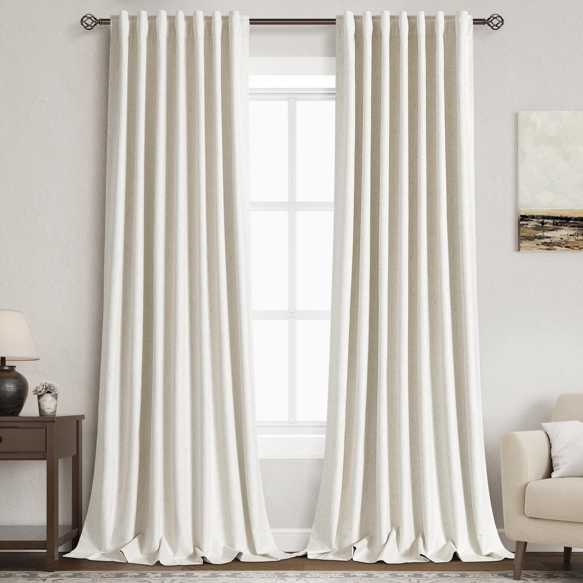 Photo 1 of Beige White Linen Blackout Curtains 120 Inches Long Back Tab Rod Pocket Thermal Insulated Noise Reducing Flax Linen Sound Proof Sun Block Out 2 Panels Set for Nursery Extra Long 10 FT 52x120
