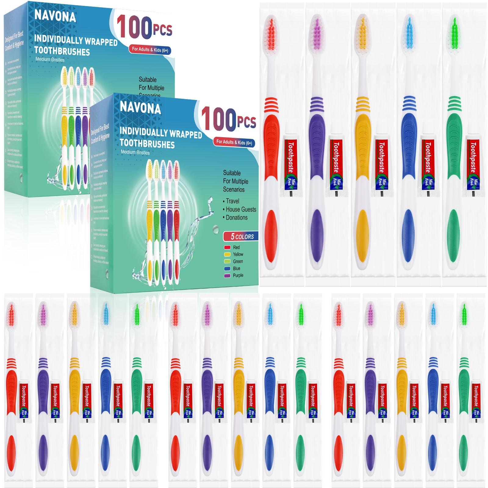 Photo 1 of Navona 100PCS Disposable Toothbrush with Toothpaste Bulk, Travel Toothpaste, Bulk Toothpaste, Individually Wrapped Bulk Toothbrush, Ergonomics Handle, Soft Bristle, Perfect for Travel, Hotel,Donation 1 PACK ONLY