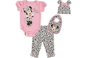Disney Minnie Mouse Baby Girls Bodysuit Pants Bib and Hat 4 Piece Outfit Set Newborn to Infant