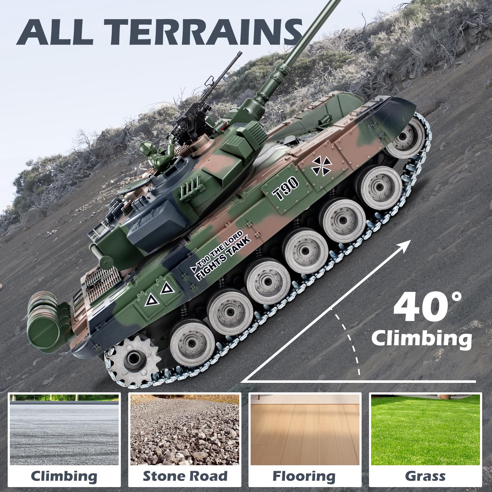 Supdex RC Tank, 1:18 RUS T-90 Alloy Metal Remote Control Model Army Toys, 2.4Ghz Military Tank with Smoke, Sound and Lights, RC Vehicle That Shoots BBS and Water Bombs for Adults and Kids