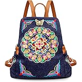 Jursccu Denim Embroidered Floral Canvas Backpacks for Women Anti theft Retro Jeans Travel Ethnic Style Shoulder Bag (Jean Navy Blue)