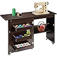VIVOHOME Folding Sewing Craft Table, Rolling Sewing Machine Desk with Storage Shelves, Sewing Cabinet with Lift for Small Spaces, Dark Brown